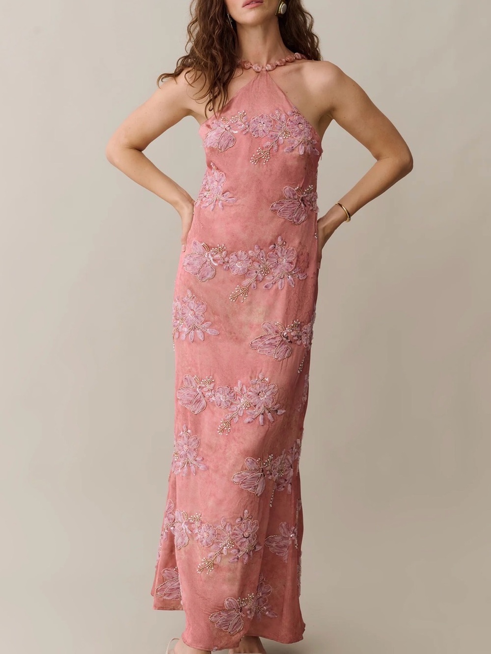 Few Moda o.p.t NWT Kayda Pink Halter Floral Embroidered Maxi Dress